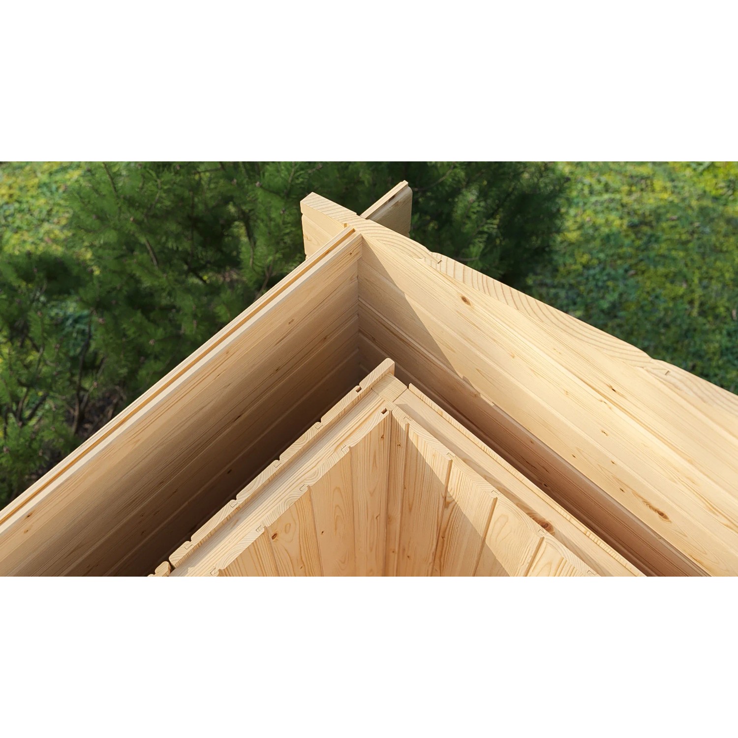 Detailansicht des Weka Saunahaus Mikkeli Sparset aus Holz, Fokus auf die Blockbohlenbauweise.