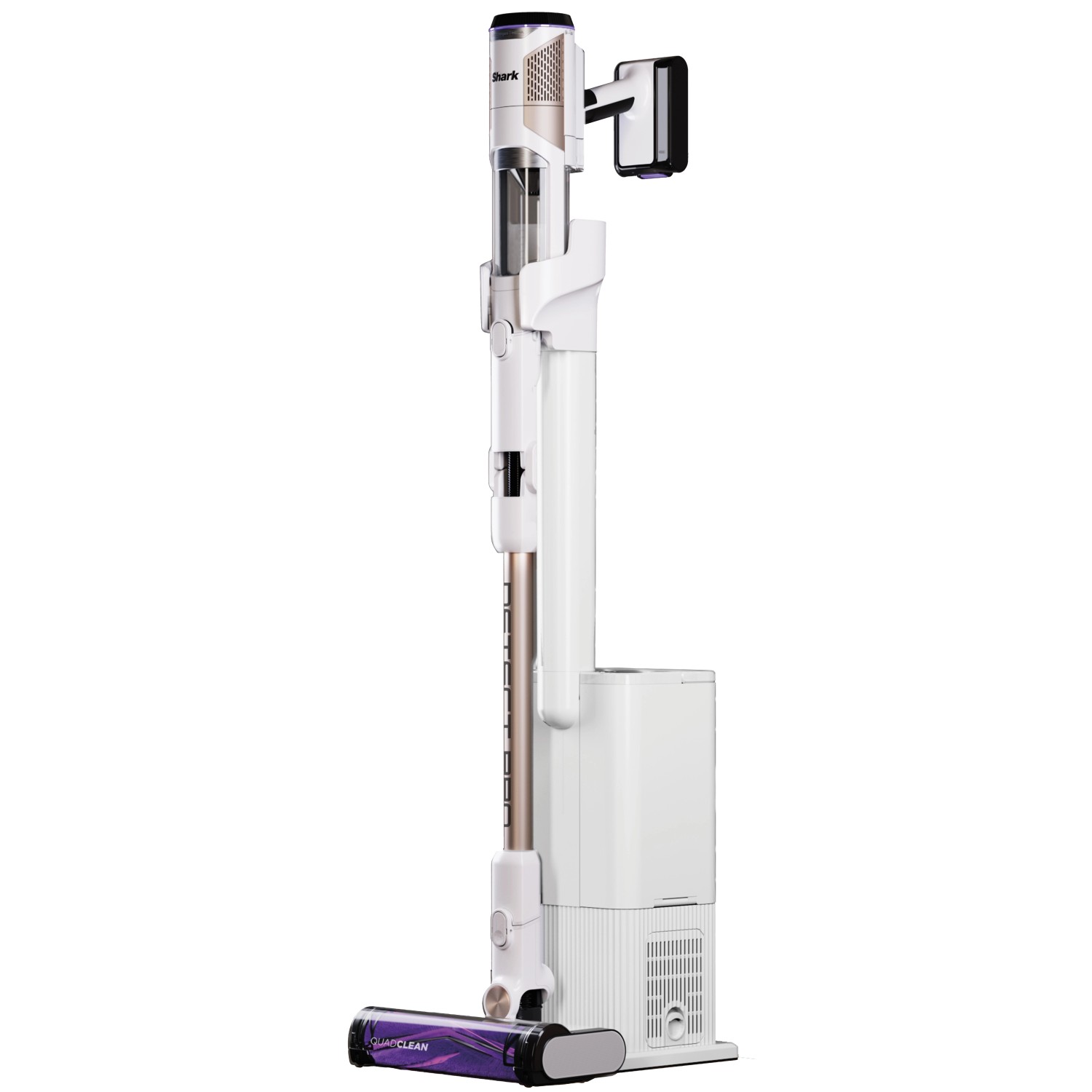 Shark Akkusauger Detect Pro IW3611EU mit Absaugstation in Weiß und Violett.