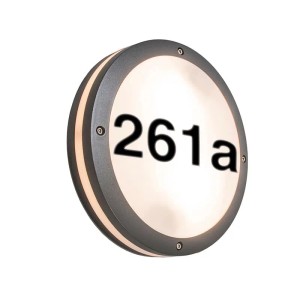 Anthrazitfarbene QAZQA Außenwandleuchte mit Hausnummer '261a', runde Form, für Lampen & Leuchten.