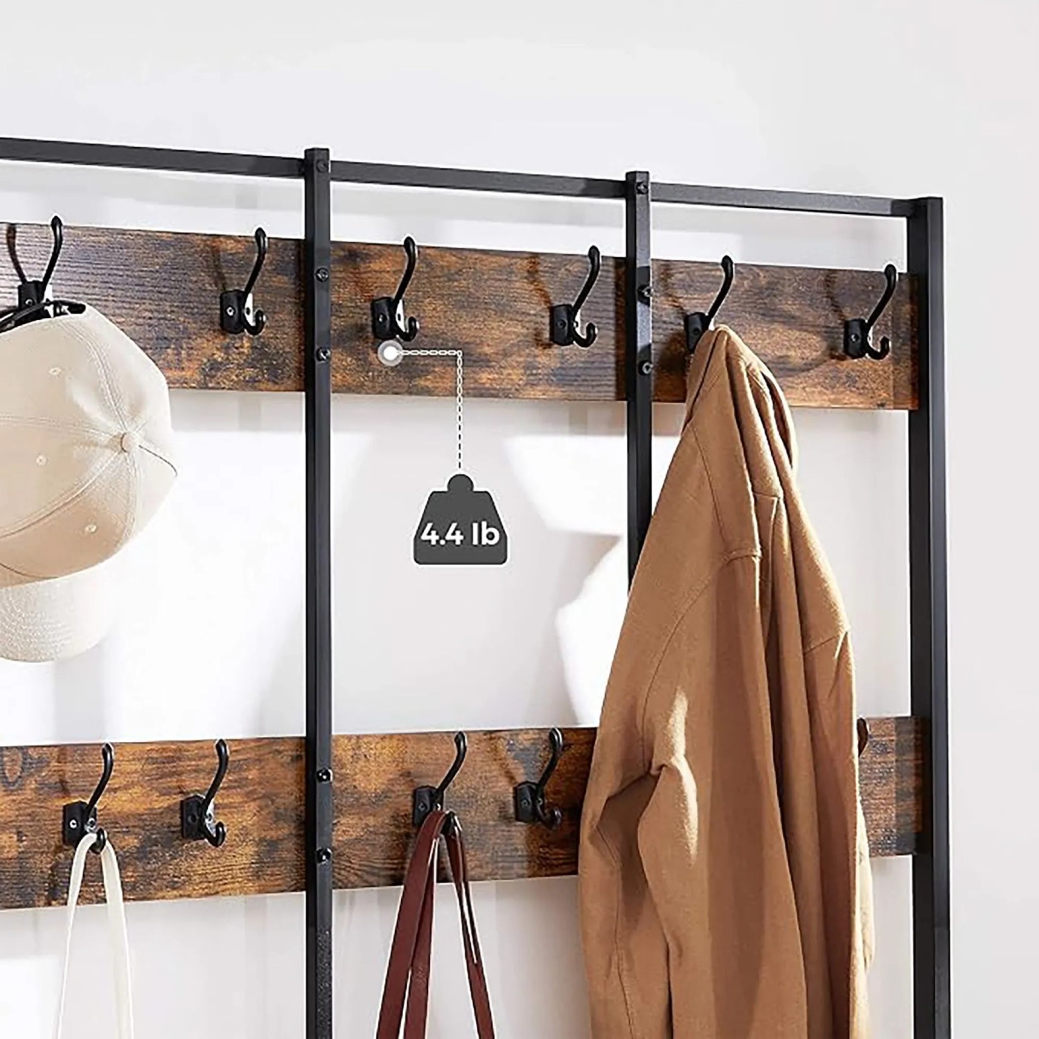 Songmics Garderobenständer Dacey mit Schuhbank, 12 Haken, braun-schwarz. Details.