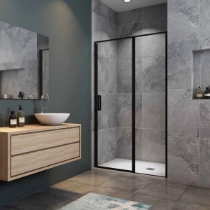 Schwarze AICA Duschkabine mit Drehtür, 140x185cm, 6mm Nanoglas Duschwand, Nischentür.