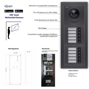 Goliath Video Türklingel für 10 Familien, 7 Zoll, schwarz/anthrazit, Unterputz. 2-Draht BUS System mit App-Steuerung.