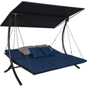 Angerer Hollywoodschaukel Swing Smart Denim, 3-Sitzer mit Sonnendach und blauen Kissen.