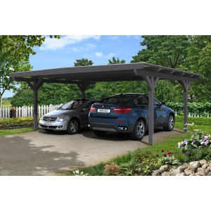 Skan Holz Carport Odenwald, schiefergrau, mit zwei geparkten Autos. Doppelcarport mit Flachdach.