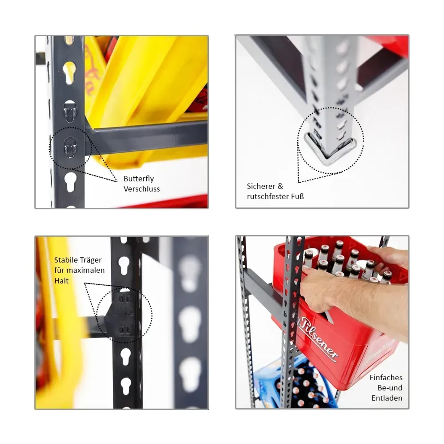 Details des PROREGAL Getränkekistenregals High Big Camel, anthrazit: Verschluss, Fuß, Träger und Beladung.