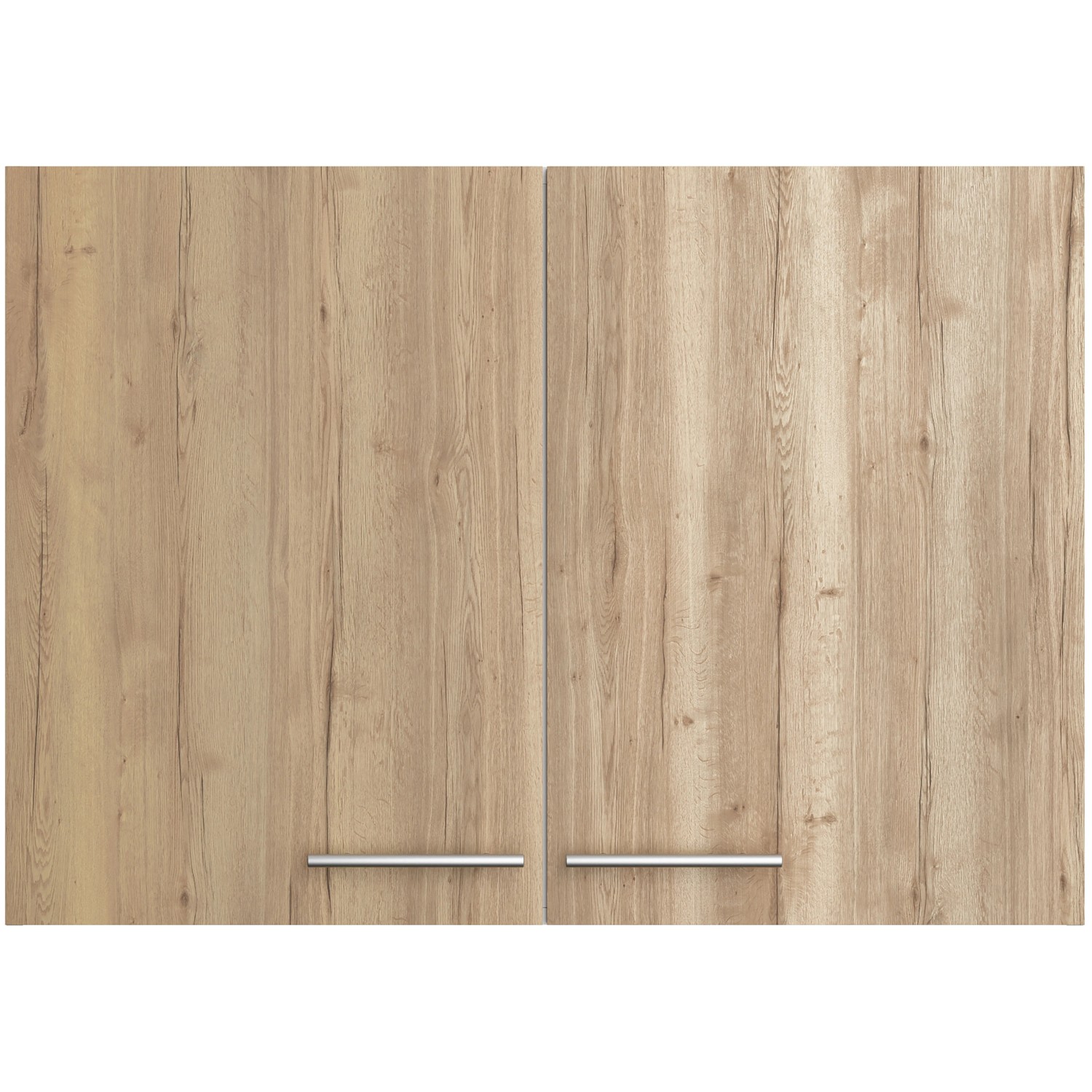 Optifit Hängeschrank Erik290 in Wildeiche, 100 cm breit, mit zwei Türen und Edelstahlgriffen.