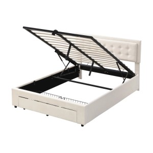 KOMHTOM Polsterbett Hydraulische 140 x 190 Cm Mit Lattenrost Und 2 Schubladen  Stauraumbett  Holzlattenrost  Samt  Beige