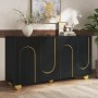 Schwarzes Merax Sideboard mit 4 Türen, goldenen Bogenlinien und kugelförmigen Metallfüßen für Wohnzimmer.