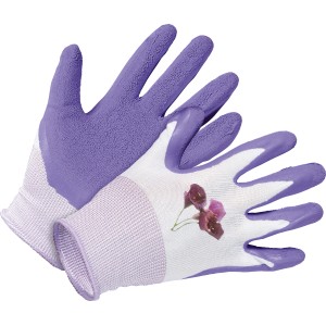 Lila LUX Gartenhandschuhe Gr. 7 mit Latexbeschichtung und Blumendruck.