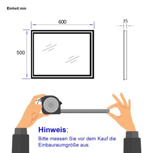 Skizze: Emke LED Badspiegel 60x50cm mit Maßband. Hinweis: Einbaumaße prüfen!