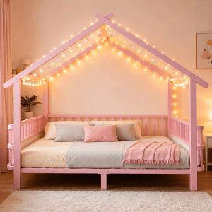 Rosa Metall Hausbett Merax 140x200 cm mit Sicherheitsgitter, offener Dachkonstruktion und Lichterkette.