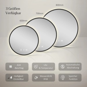 Emke LED Badspiegel, rund, 60/70/80 cm, mit schwarzem Rahmen, Beleuchtung, Antibeschlag, Uhr und Temperaturanzeige.
