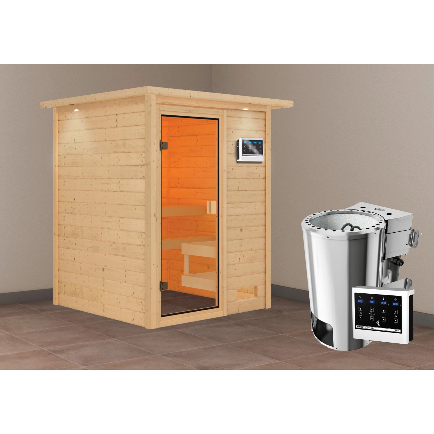 Karibu Sauna Sandra mit Bio-Ofen externe Stg.LED-Dachkranz Natur