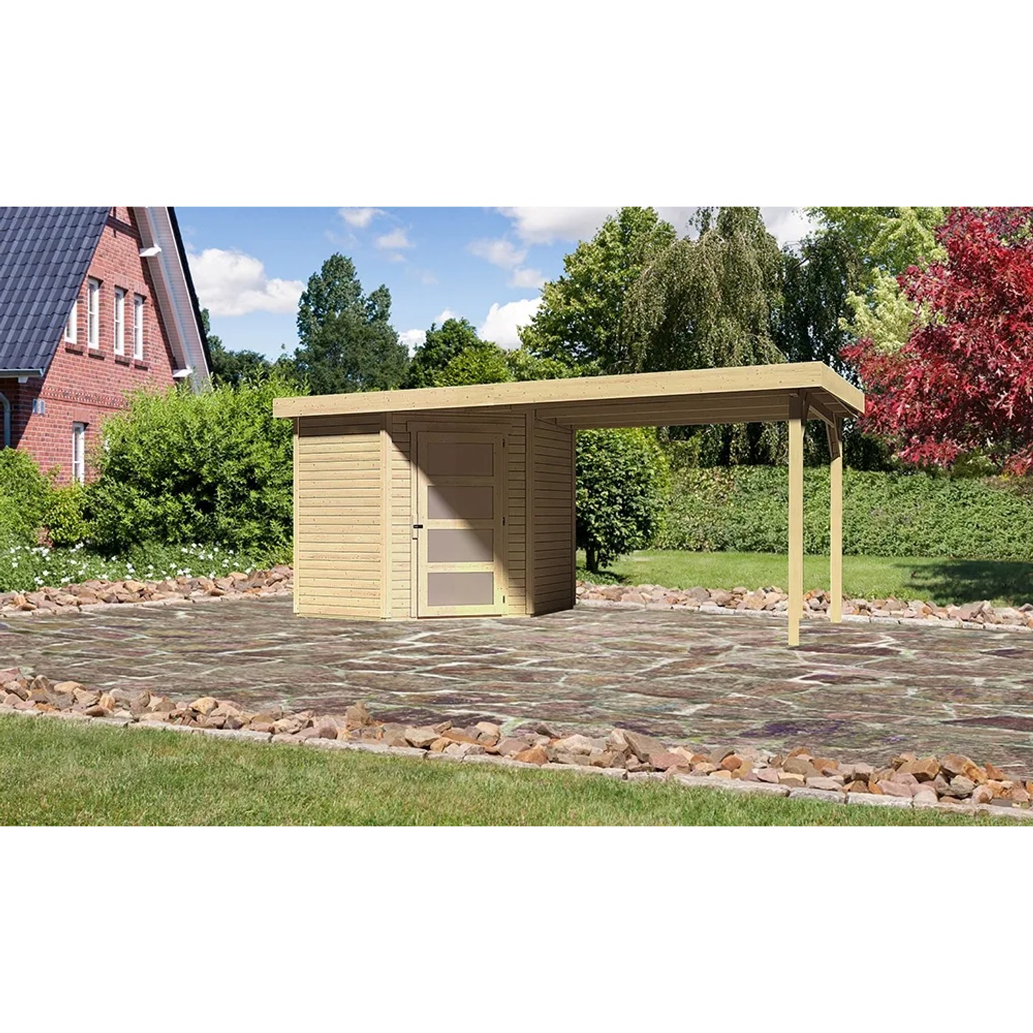 Karibu Holz-Gartenhaus Linköbing mit Flachdach und Anbau, unbehandelt.