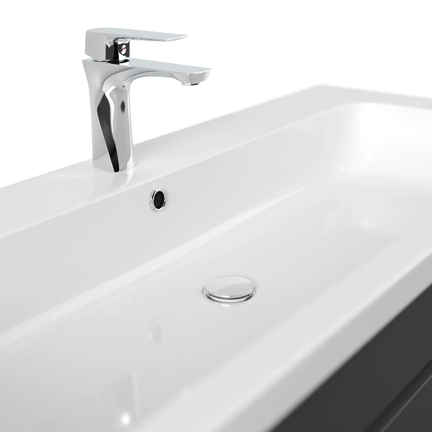 Detailaufnahme: Posseik Fellini 120 Badmöbel-Set in Grafit mit grifflosen Schubladen und Mineralgussbecken.