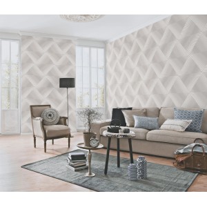 Wohnraum mit Erismann Vliestapete Spotlight Gala Taupe mit 3D Fächerdesign.