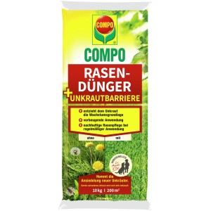 Compo Rasendünger + Unkrautbarriere, 10 kg Sack für ca. 200 m² Rasenfläche.