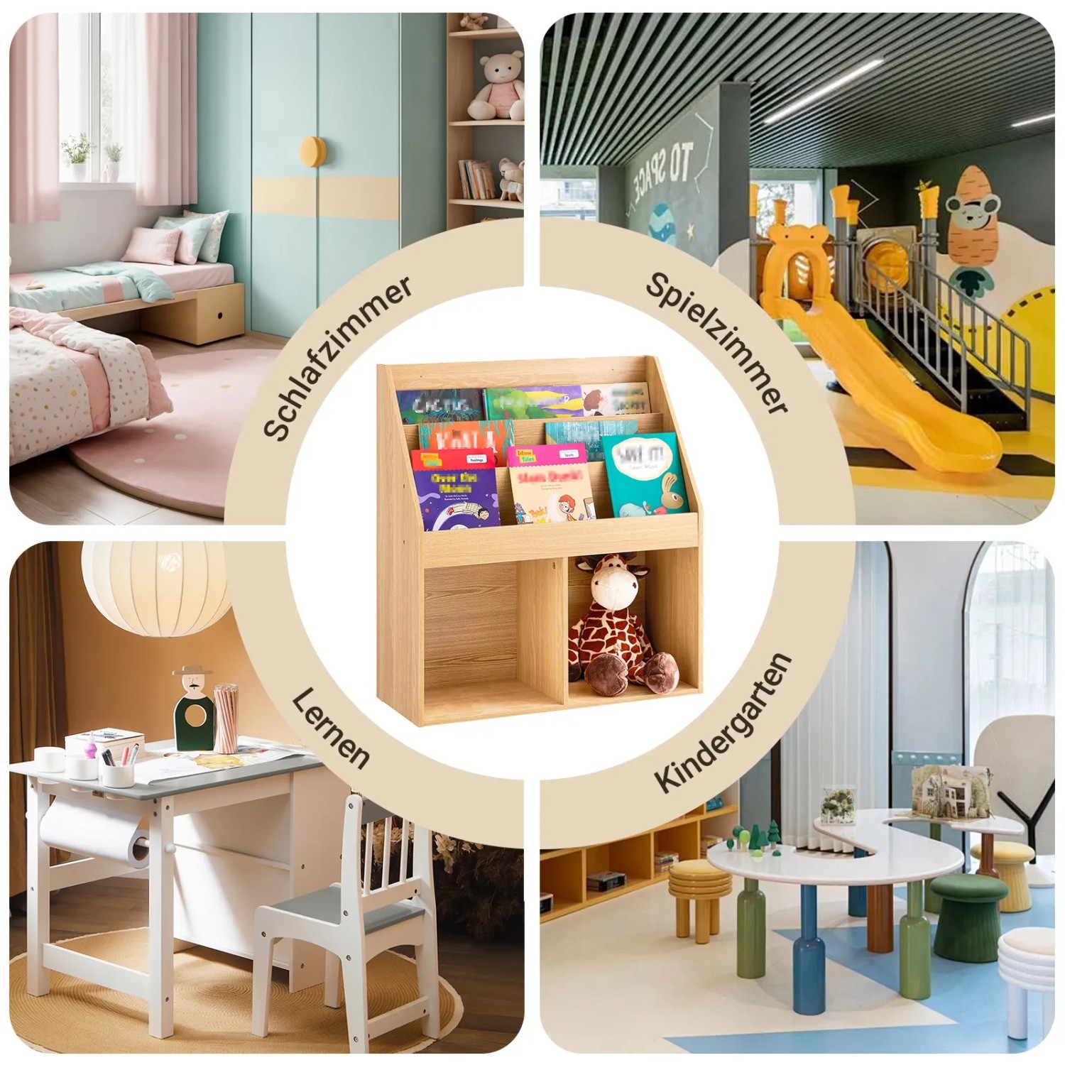 SoBuy Kinder Bücherregal KMB01-N mit 3 Ablagen und 2 Fächern in verschiedenen Nutzungsumgebungen.