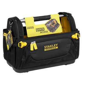 Schwarze STANLEY FATMAX Quick Access Werkzeugtrage mit gelben Akzenten, stabilem Metallgriff und offenem Design.