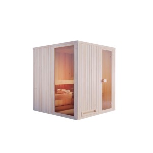 Finntherm Sauna Miranda Natur, 244x244cm, aus Massivholz mit Glastür.