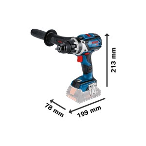 Bosch Professional Akku-Bohrschrauber GSR 18V-110 C, blau-schwarz, mit Zusatzhandgriff. Abmessungen: 199x78x213 mm.