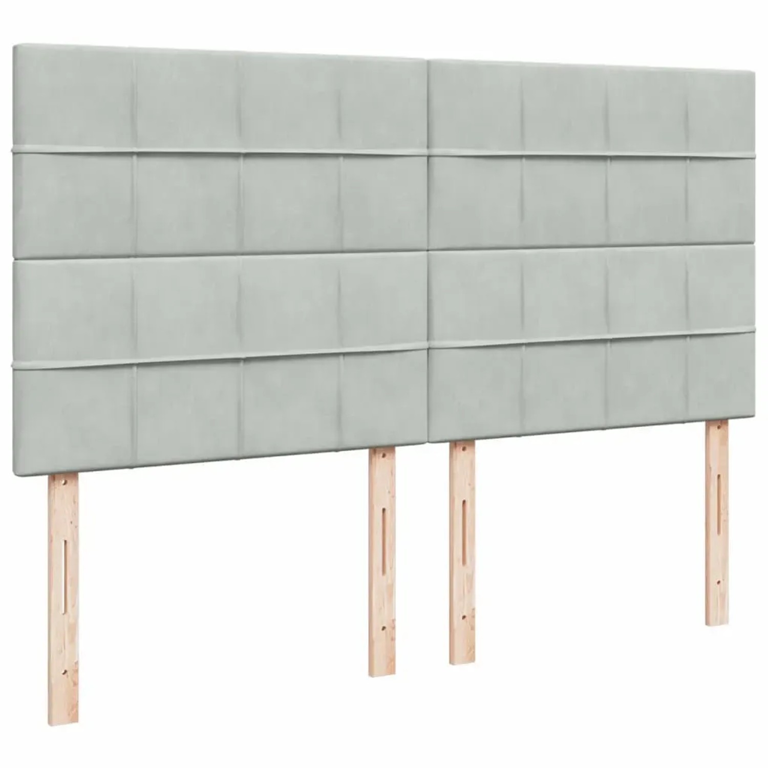 Hellgraues Boxspringbett Kopfteil mit Samtbezug und Holzfüßen.
