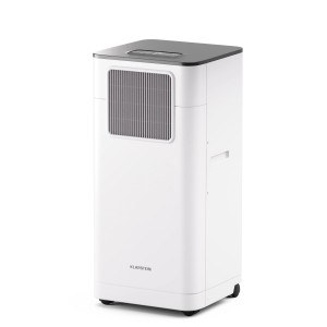 Weißes Klarstein Breeze Box 7K Smart Klimagerät mit Abluftschlauch und Rollen.