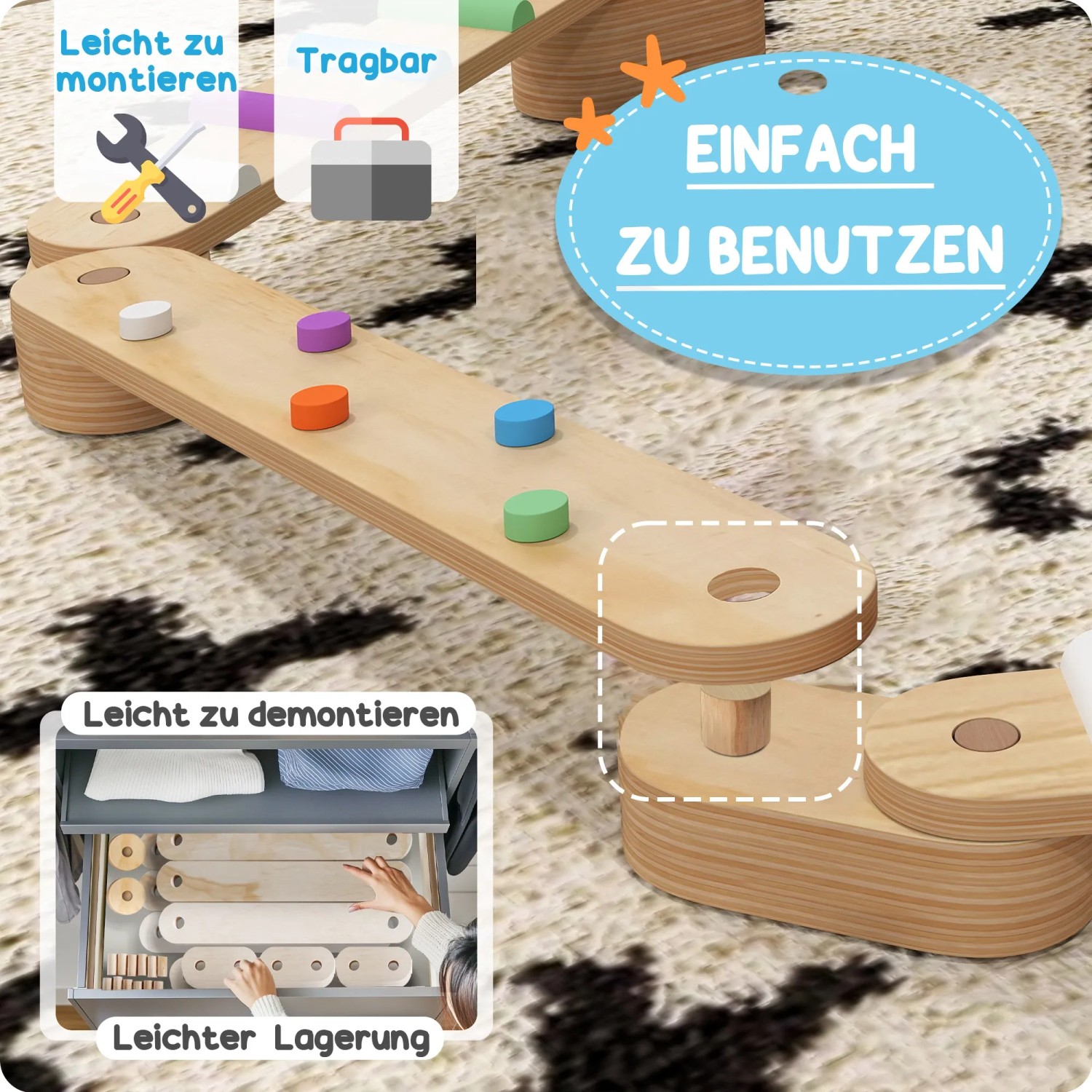 AIYAPLAY Balancierbalken für Kinder mit bunten Balanciersteinen aus Holz.