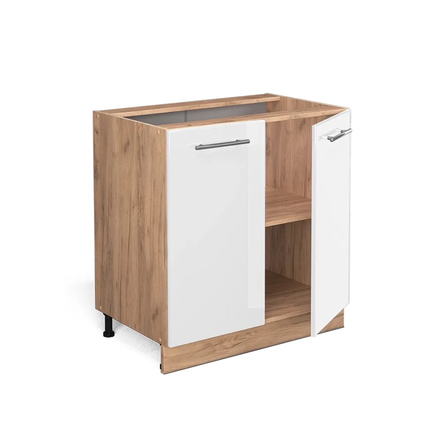 Vicco Spülenunterschrank Fame-Line, 80 cm, Weiß Hochglanz/Goldkraft Eiche mit Regal und Marmor Arbeitsplatte.