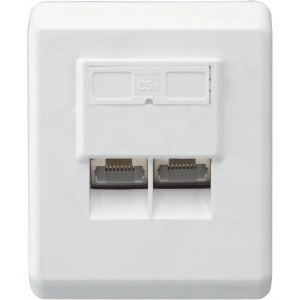 Weiße Schwaiger Netzwerkdose CAT 6 UAE Aufputz mit zwei RJ45 Anschlüssen.