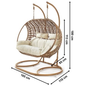 Kobolo Hängekorb MAKENA Doppelsitzer mit Gestell, Polyrattan Loungesessel mit Kissen.
