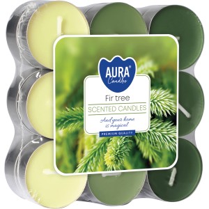 18 Duftkerzen Tanne im Teelichtformat, verschiedene Grüntöne. Ideal für eine gemütliche Atmosphäre.