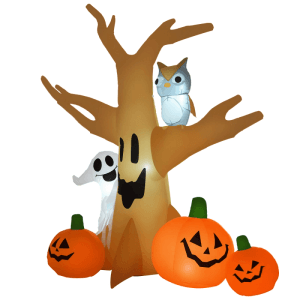 Aufblasbare Halloween Deko: Spukbaum mit Gespenst, Eule und leuchtenden Kürbissen. Ideal für Garten & Party.