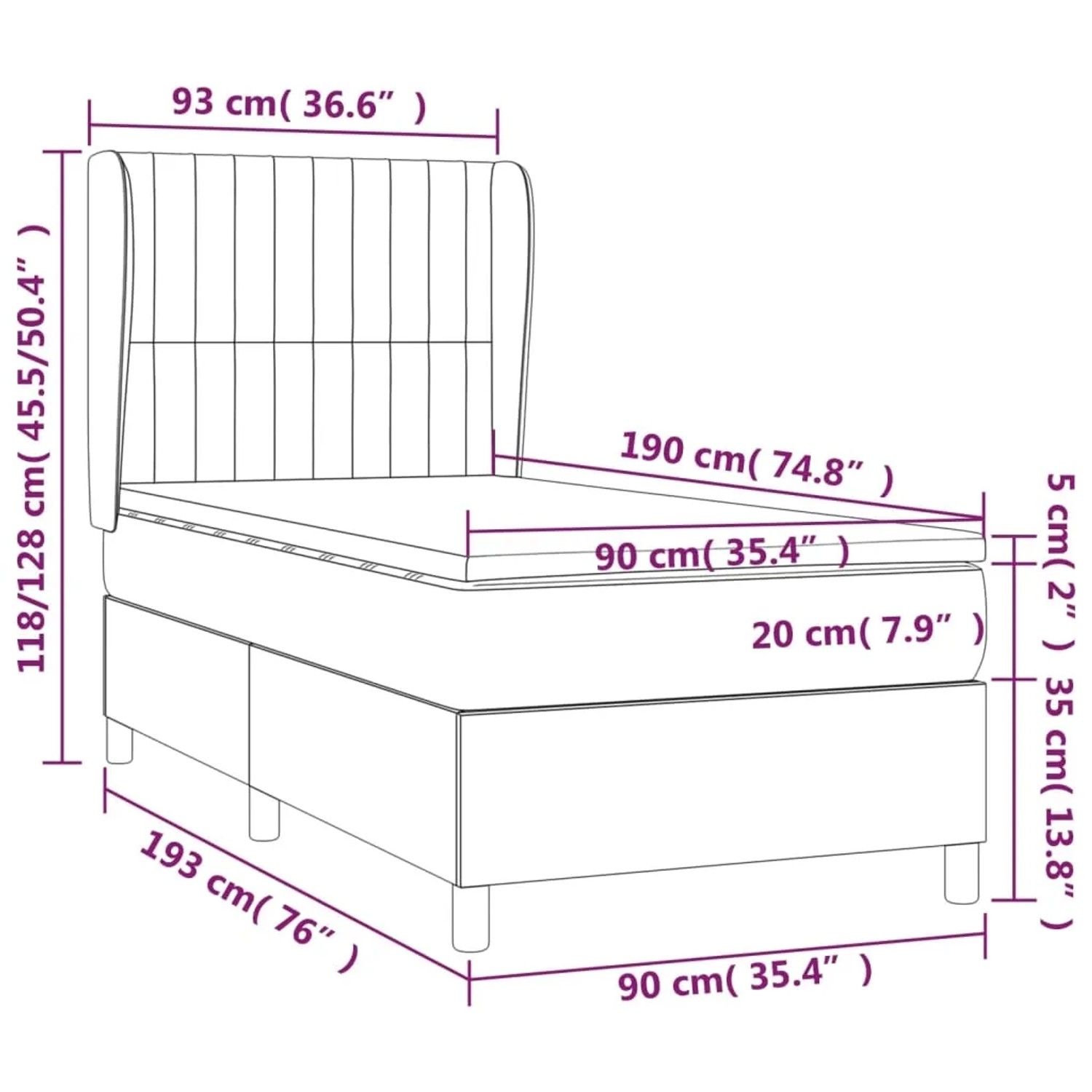 vidaXL Boxspringbett dunkelgrau 90x190 cm mit Matratze und Kopfteil, Stoff