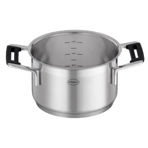 RÖSLE Kochtopf 16 cm aus Edelstahl mit Innenskalierung und schwarzen Griffen für Töpfe & Pfannen.