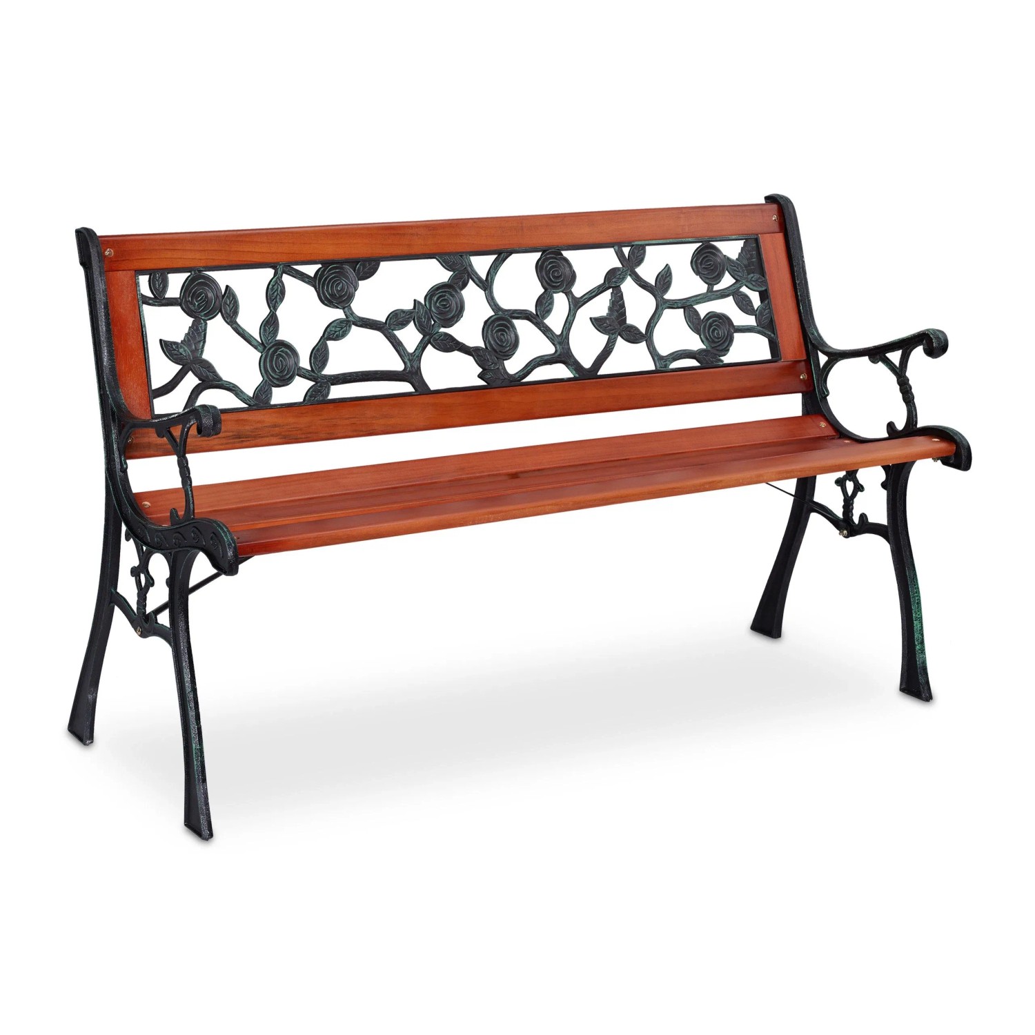 Relaxdays Gartenbank Gusseisen Holz Natur Grün-Schwarz Für 2 Personen 73 cm x 125 cm x 52,5 cm 13,9 kg