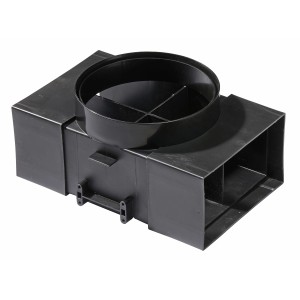 PKM Universal-Abluftweiche AT150-4 für Dunstabzugshauben, Anschlussstück aus schwarzem Kunststoff.