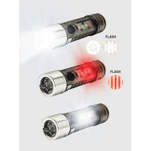LED Akku-Taschenlampe mit verschiedenen Leuchtmodi, inklusive Stroboskop-Effekt.
