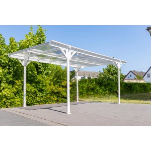 Weißes Westmann Flachdach-Einzelcarport (305x503cm) mit Doppelstegplatten und Aluminiumkonstruktion.