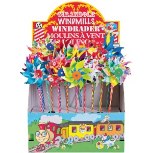 Bunte Windmühlen, Ø 16cm, im Displaykarton mit kindgerechtem Zugmotiv. Ideal für Garten und Balkon.
