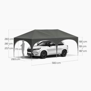 Grauer WOLTU Pavillon 3x6m, höhenverstellbar, mit Auto darunter. Maße 583x293 cm und Höhenangaben sind sichtbar.