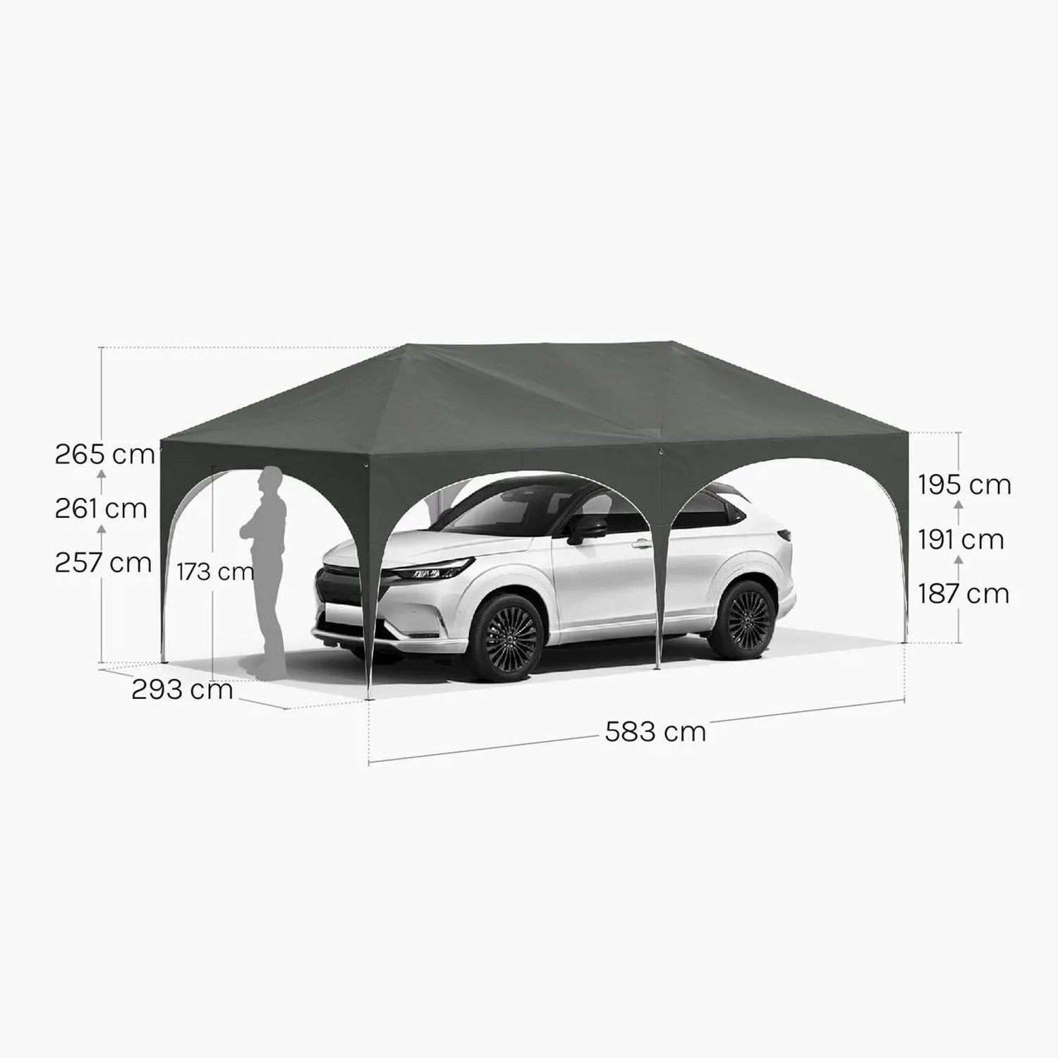 Grauer WOLTU Pavillon 3x6m, höhenverstellbar, mit Auto darunter. Maße 583x293 cm und Höhenangaben sind sichtbar.