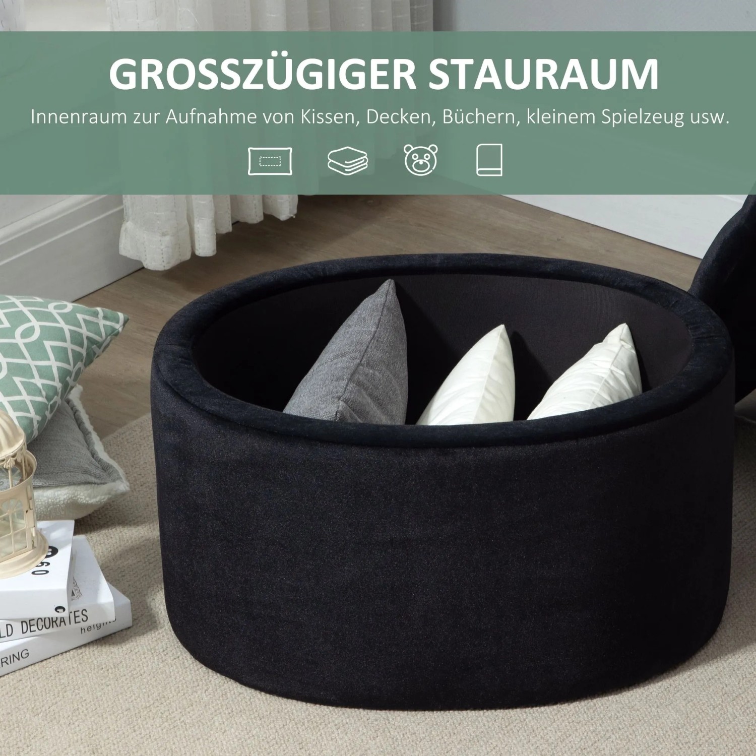 Schwarze HOMCOM Sitzbank, oval, mit offenem Stauraum, gefüllt mit Kissen. Samtartiges Polyester Möbel für Aufbewahrung.
