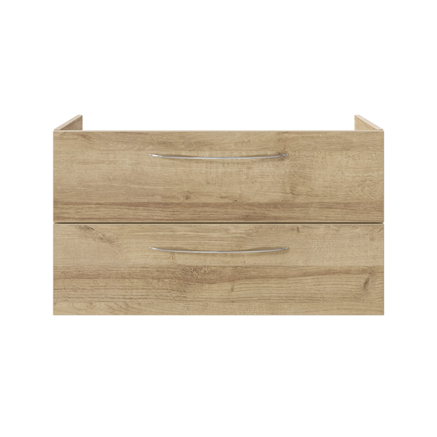 Pelipal Waschtischunterschrank in Riviera Eiche mit zwei Schubladen und Griffen.