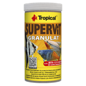 Tropical Supervit Granulat Fischfutter, 250ml Dose mit Abbildung von Zierfischen.
