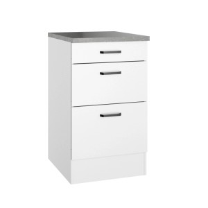 Weißer OPTIFIT Unterschrank Bonn214 mit Schubkästen und grauer Arbeitsplatte.