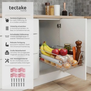 Tectake Teleskopschublade  Verchromt Leichtgängig  Mit Vollauszug  44 x 47 x 14 cm Grau