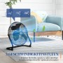 Schwarzer HOMCOM Tischventilator mit Metallgehäuse und drei Geschwindigkeitsstufen vor Sofa.