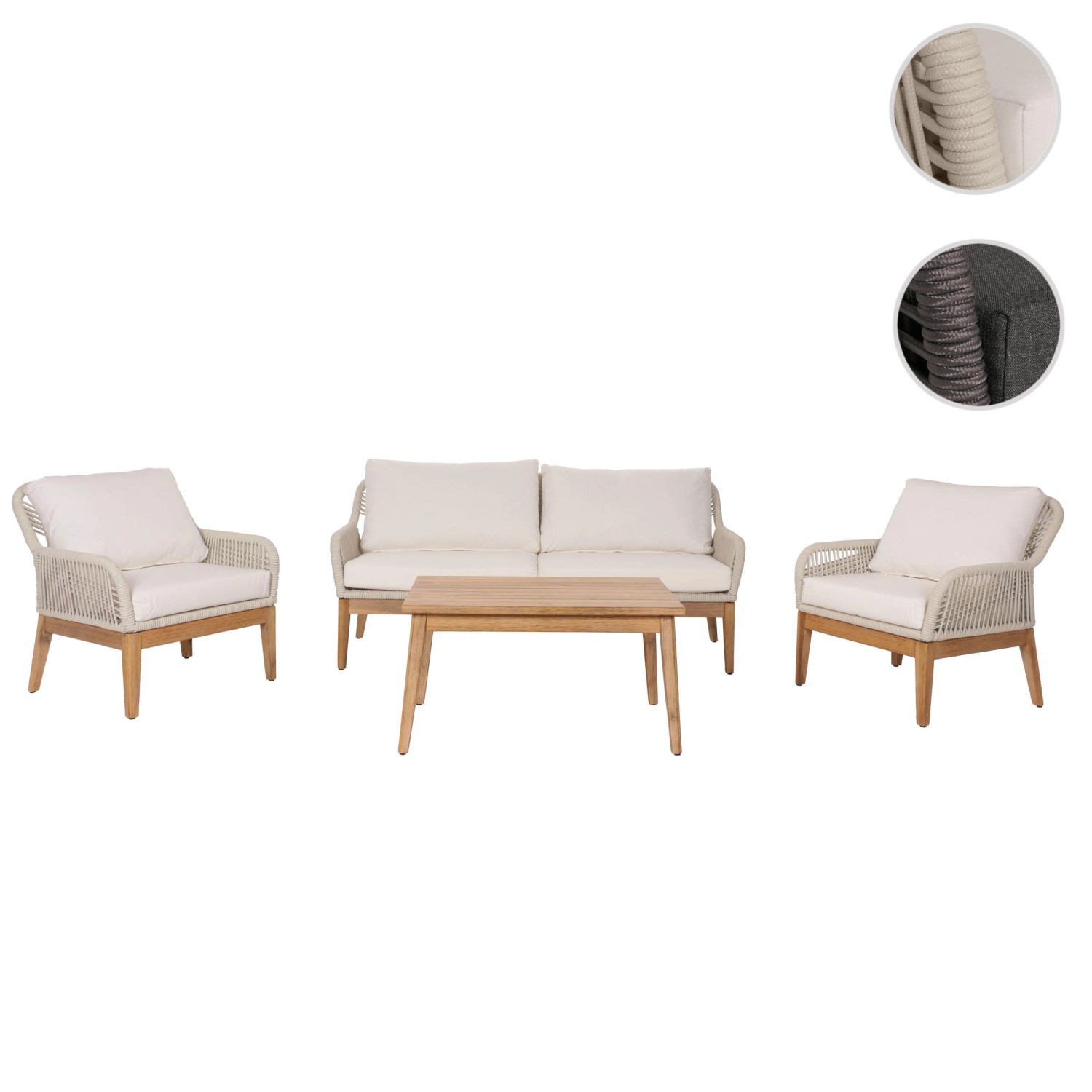 Cremefarbene 4-teilige MCW Gartengarnitur H56b aus Akazienholz mit Tisch und Seilgeflecht.