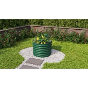 Rundes, grünes Vitavia Vita 630 Hochbeet aus Metall mit Schneckenschutz im Garten.
